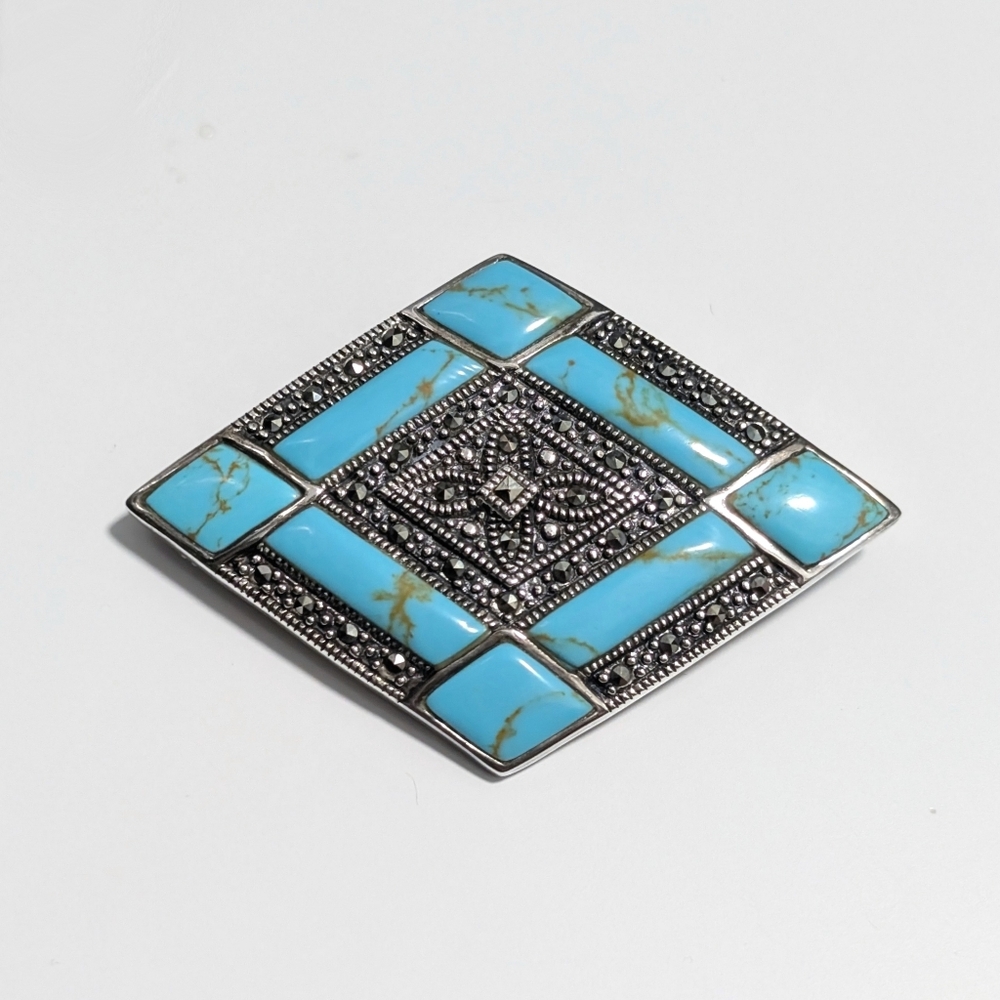 Sterling silver brooch pin(Faux?) turquoise and marcasite 925 NF THAILAND